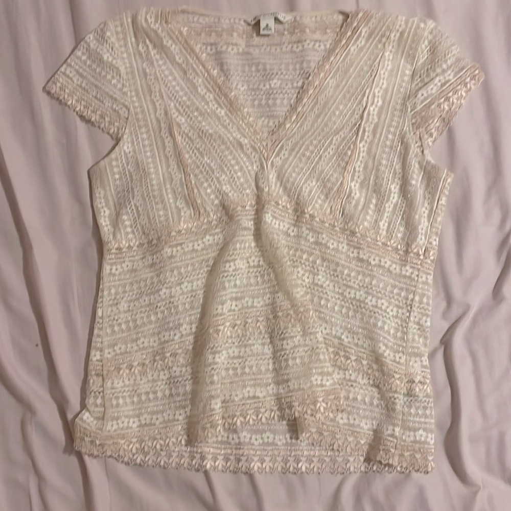(M) VINTAGE Y2K BANANA REPUBLIC MESH LACE EMBROIDERED SEE THROUGH SHORT SLEEVE